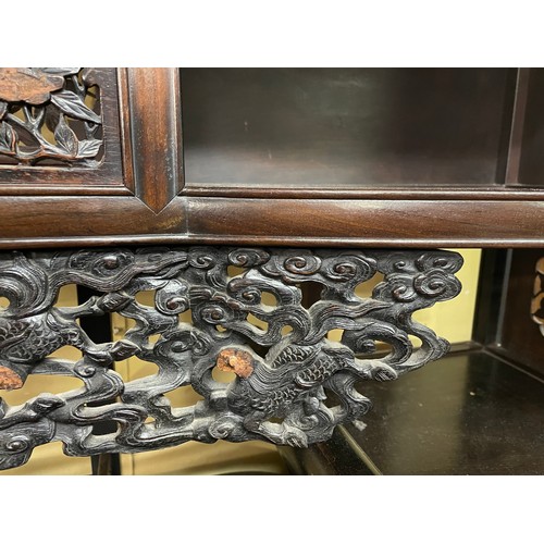 239 - JAPANESE MEIJI HARD WOOD FRET CARVED LACQUER DISPLAY CABINET ON STAND A/F