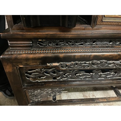 239 - JAPANESE MEIJI HARD WOOD FRET CARVED LACQUER DISPLAY CABINET ON STAND A/F