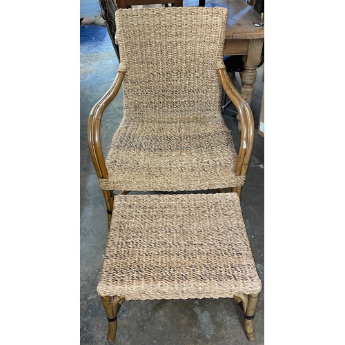 222 - QUALITY SEAGRASS AND BAMBOO ARMCHAIR AND FOOTSTOOL