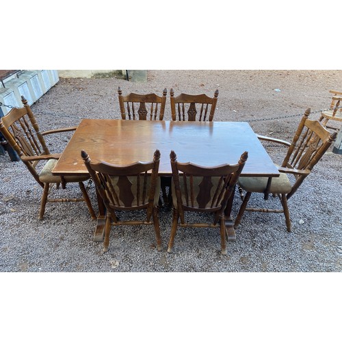 91 - OAK REFECTORY TABLE AND SIX SPINDLE BACK FARMHOUSE STYLE CHAIRS