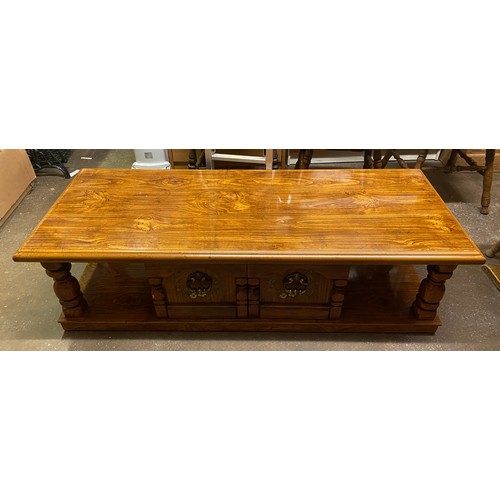 92 - PINE COFFEE TABLE WITH CUPBOARD UNDERTIER