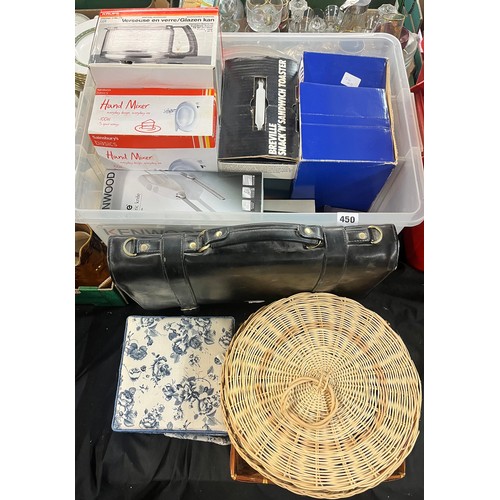 450 - CARTON - BRIEF CASE, BREVILLE TOASTER, KENWOOD ELECTRIC KNIFE, NEEDLWORK BOX, WICKER BASKETS