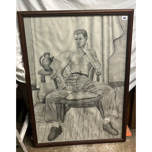 36 - GRAPHITE AND CHARCOAL DRAWING OF A SEATED MAN AND A NEW PICTURE FRAME