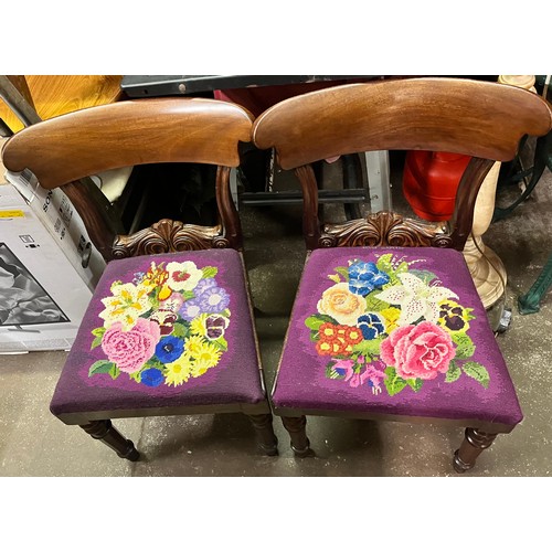 96 - PAIR OF VICTORIAN BAR BACK DINING CHAIRS WITH NEEDLE POINT PURPLE SEAT COVERINGS