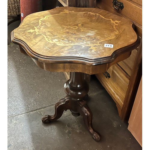 214 - WALNUT MARQUETRY SERPENTINE TOPPED PEDESTAL TRIPOD TABLE