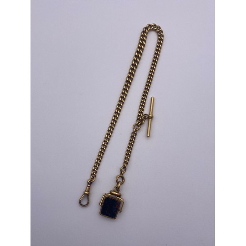 787 - 18CT GOLD GRADUATED LINK ALBERT CHAIN WITH SNAP SWIVEL FASTENER, T BAR AND BLOOD STONE SQUARE SWIVEL...