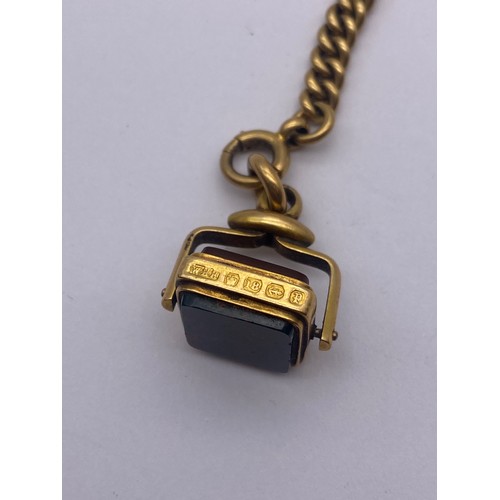 787 - 18CT GOLD GRADUATED LINK ALBERT CHAIN WITH SNAP SWIVEL FASTENER, T BAR AND BLOOD STONE SQUARE SWIVEL... 