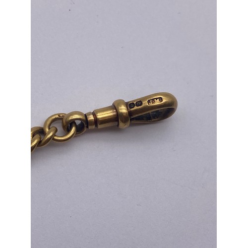 787 - 18CT GOLD GRADUATED LINK ALBERT CHAIN WITH SNAP SWIVEL FASTENER, T BAR AND BLOOD STONE SQUARE SWIVEL... 