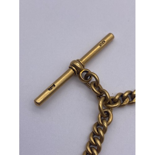 787 - 18CT GOLD GRADUATED LINK ALBERT CHAIN WITH SNAP SWIVEL FASTENER, T BAR AND BLOOD STONE SQUARE SWIVEL... 