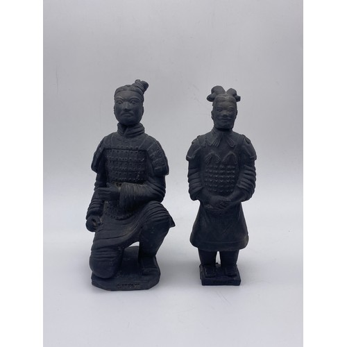 718 - TWO CHINESE TERRACOTTA ARMY  WARRIOR FIGURES, CARVED ROOT WOOD FIGURE OF A FISHERMAN, AND DRAGON STA... 