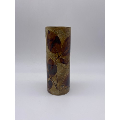 710 - ROYAL DOULTON CYLINDRICAL AUTUMN LEAVES VASE AND A MOORCROFT PANSY TAPERED VASE A/F