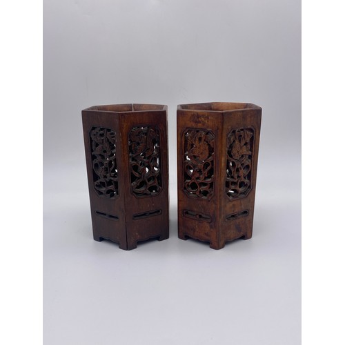 717 - PAIR OF CHINESE  FRET  CARVED HEXAGONAL PANELLED BRUSH POTS