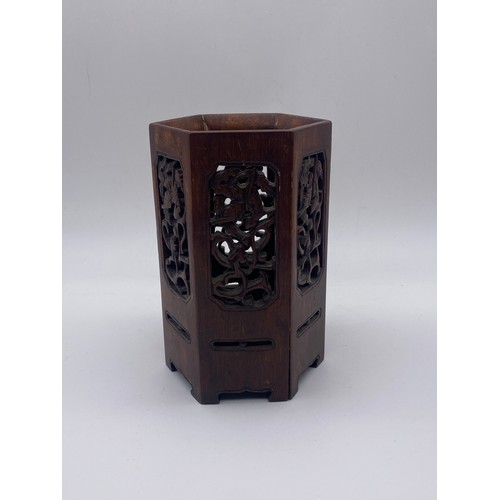 717 - PAIR OF CHINESE  FRET  CARVED HEXAGONAL PANELLED BRUSH POTS