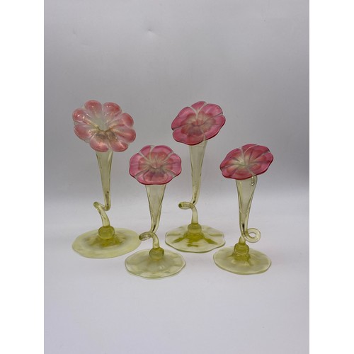 705 - TWO PAIRS OF VASELINE AND CRANBERRY GLASS JACK IN THE PULPIT VASES