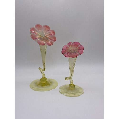 705 - TWO PAIRS OF VASELINE AND CRANBERRY GLASS JACK IN THE PULPIT VASES