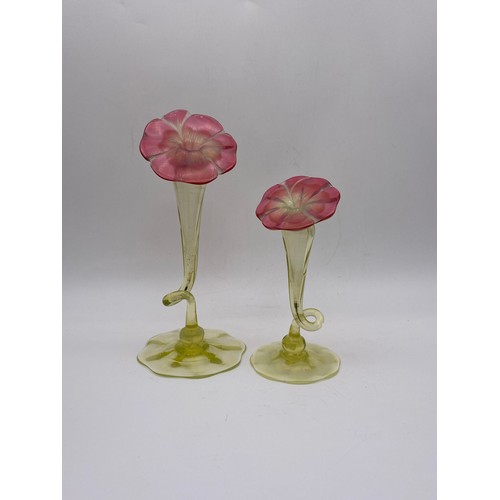 705 - TWO PAIRS OF VASELINE AND CRANBERRY GLASS JACK IN THE PULPIT VASES