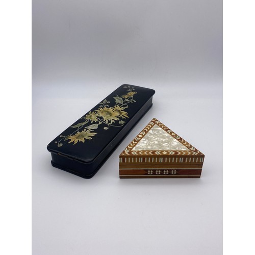 722 - MOTHER OF PEARL DAMASCUS TYPE TRIANGULAR BOX AND VICTORIAN PAINTED PAPIER MACHE LACQUERED GLOVE BOX