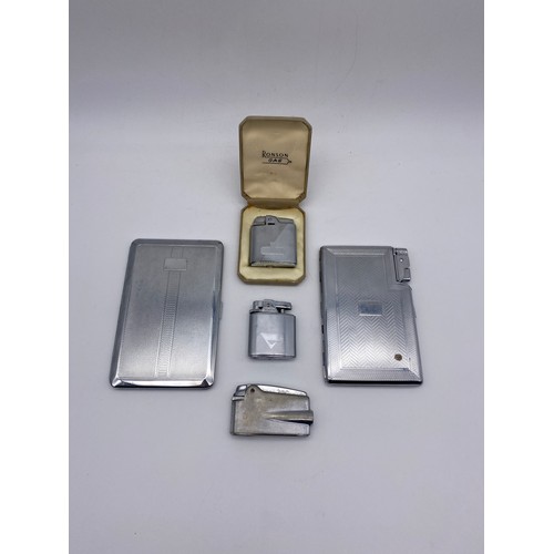 654 - WINDSOR CHROME DUAL CIGARETTE CASE POCKET LIGHTER AND THREE RONSON LIGHTERS