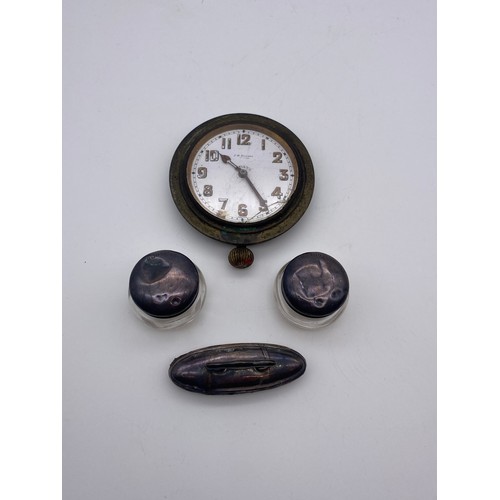 655 - GOLIATH TYPE BENSON EIGHT DAY WATCH, TWO SILVER TOPPED ROUGE POTS AND A NAIL BUFFER