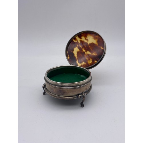 668 - SILVER FAUX TORTOISE SHELL LIDDED TRINKET BOX ON SCROLL FEET