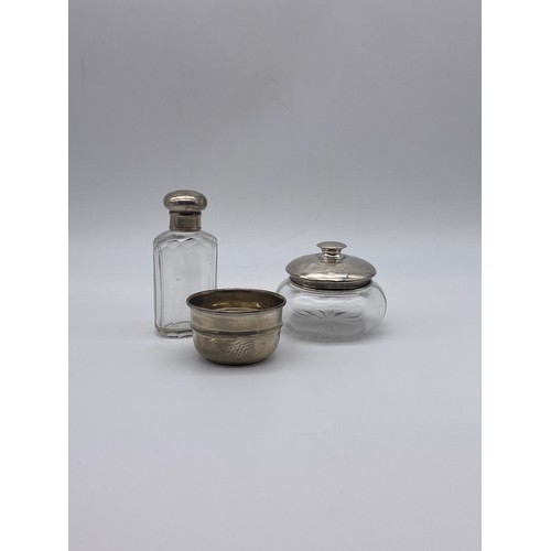 664 - SILVER TOPPED GLASS POWDER POT, SILVER SCREW TOP BOTTLE AND SMALL BOWL