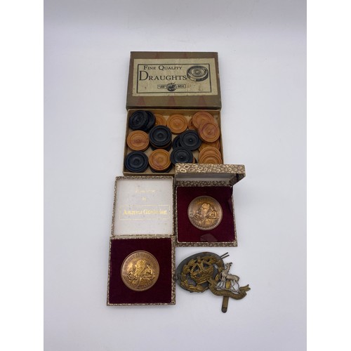 753 - TWO AMATEUR GARDENING HORTICULTURE MEDALLIONS, ROYAL WARWICKSHIRE REGIMENTAL CAP BADGE AND ONE OTHER... 