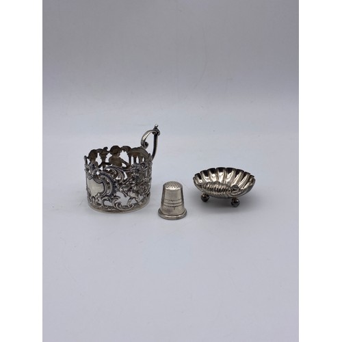 663 - SILVER SCALLOP SHELL SALT, SHEFFIELD SILVER THIMBLE AND CHESTER FILIGREE COFFEE CAN HOLDER