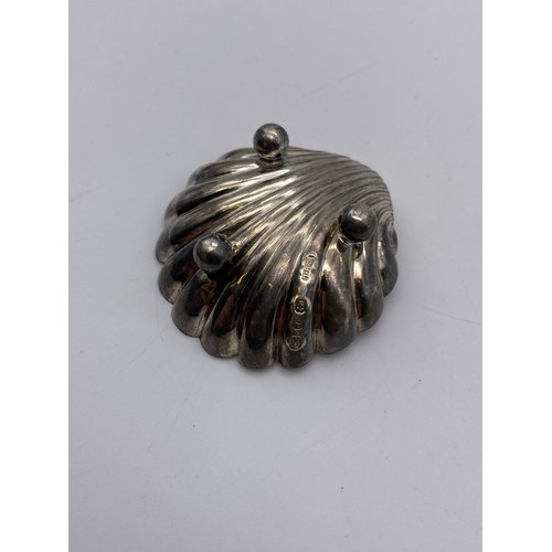 663 - SILVER SCALLOP SHELL SALT, SHEFFIELD SILVER THIMBLE AND CHESTER FILIGREE COFFEE CAN HOLDER