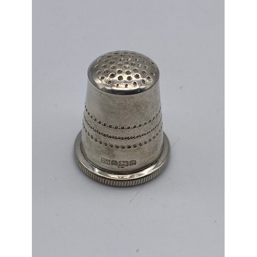 663 - SILVER SCALLOP SHELL SALT, SHEFFIELD SILVER THIMBLE AND CHESTER FILIGREE COFFEE CAN HOLDER