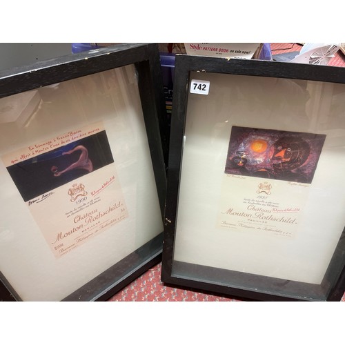 742 - TWO FRAMED AND GLAZED WINE LABELS FOR CHATEAU MUTON DE ROTHSCHILD 1998 AND 1990