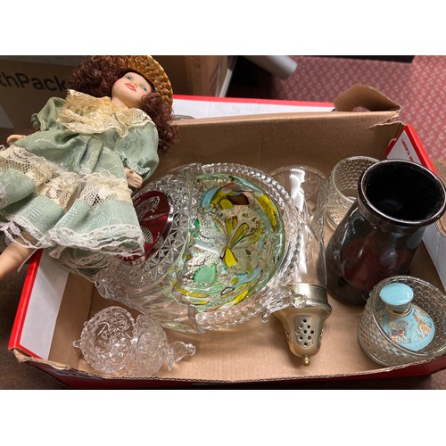 679 - SHOE BOX - PRESSED GLASSWARES, MURANO BOWL, STUDIO POTTERY VASE AND SMALL DRESS DOLL