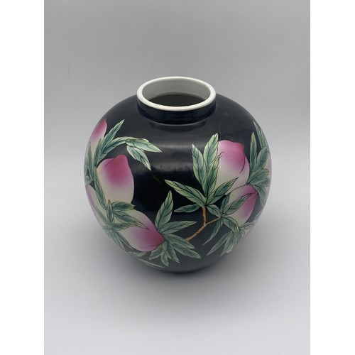 300 - 20TH CENTURY CHINESE OVOID JAR DECORATED WITH PEACHES ON BLACK GROUND