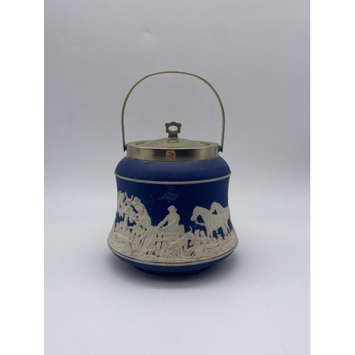 543 - ADAMS JASPERWARE BLUE AND WHITE BISCUIT BARREL WITH EPNS MOUNTS