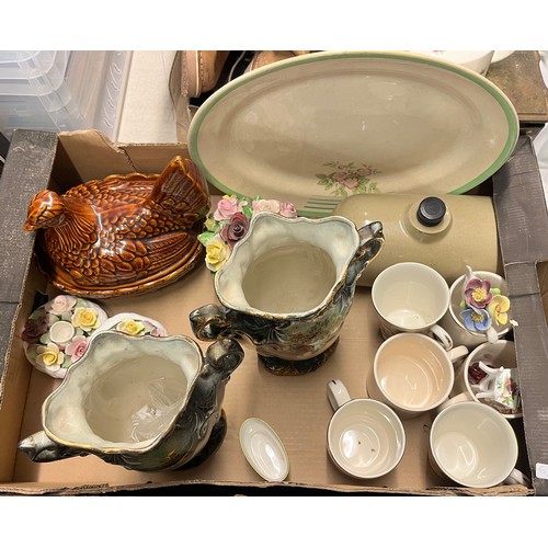 460 - CARTON OF COMMEMORATIVE MUGS, HEN BASKET AND PAIR OF VICTORIAN VASES