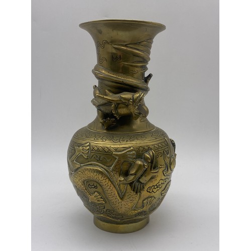 678 - PAIR OF CHINESE METALWARE BALLUSTER VASES ENGRAVED AND DECORATED WITH ENTWINED FIVE CLAW DRAGONS