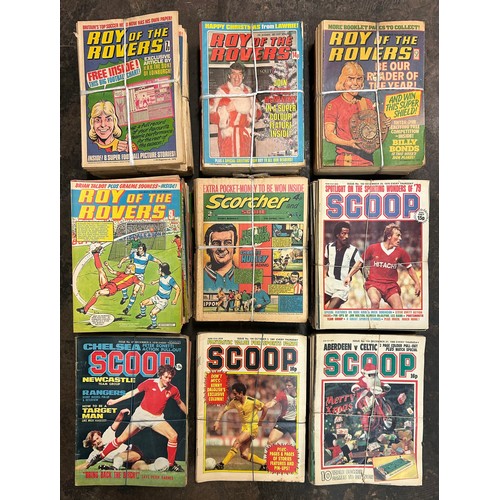 343 - TWO SHELVES OF SCOOP, ROY OF THE ROVERS, AND SCORCHER SCORE COMIC MAGAZINES