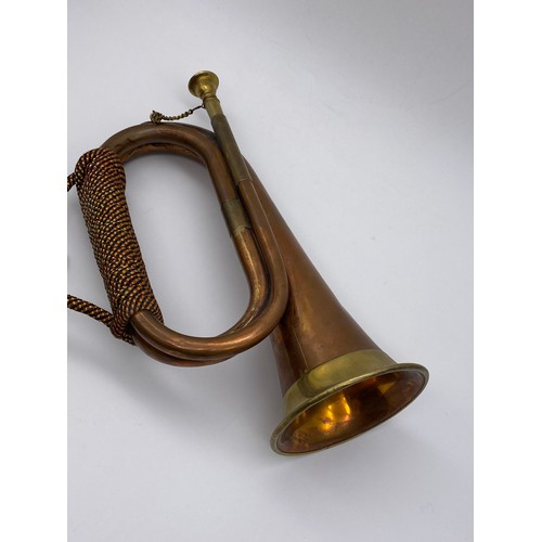 685 - COPPER AND BRASS BUGLE WITH CORD GRIP HANDLE