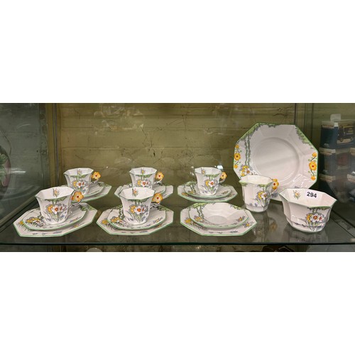 294 - MELBA BONE CHINA THE DELL PATTERN OCTAGONAL TEACUP TRIOS, MILK CREAMER BOWL AND PLATE