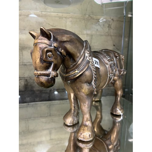 295 - HEAVY BRASS MODEL OF A SHIRE HORSE AND TWO CRINOLINE LADY BELLS