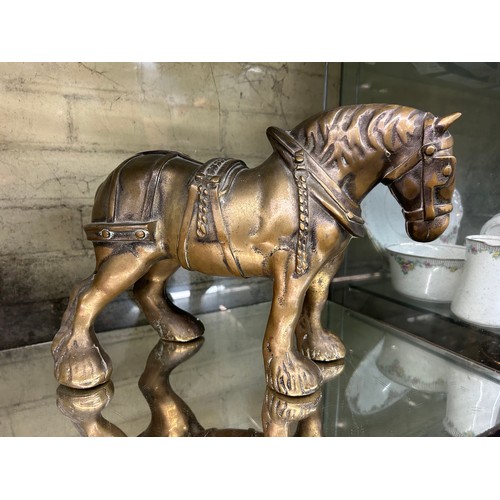 295 - HEAVY BRASS MODEL OF A SHIRE HORSE AND TWO CRINOLINE LADY BELLS