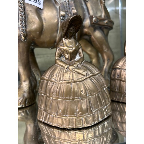 295 - HEAVY BRASS MODEL OF A SHIRE HORSE AND TWO CRINOLINE LADY BELLS