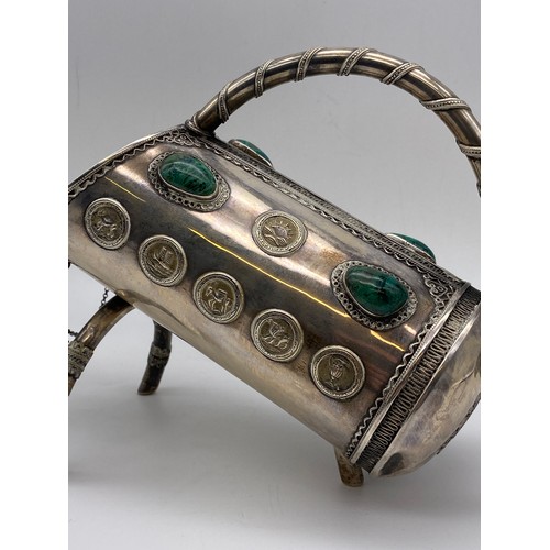 724 - 925 SILVER BOTTLE HOLDER WITH CABOCHON SET OVAL STONES AND MEDALLIONS 15.5 OZT