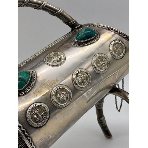 724 - 925 SILVER BOTTLE HOLDER WITH CABOCHON SET OVAL STONES AND MEDALLIONS 15.5 OZT