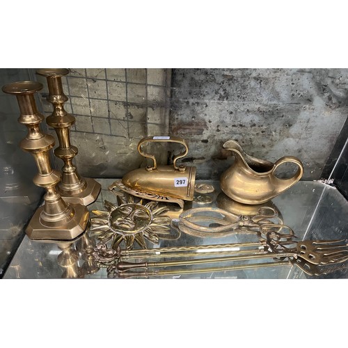 297 - PAIR OF BRASS KNOPPED CANDLE STICKS, CHARCOAL FLAT IRON ON TRIVET, TOASTING FORKS, AND EMBER TONGS