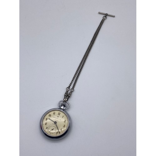 743 - INGERSOL TRIUMPH POCKET STOP WATCH ON CHAIN WITH T BAR