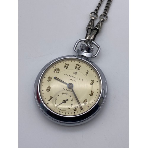 743 - INGERSOL TRIUMPH POCKET STOP WATCH ON CHAIN WITH T BAR