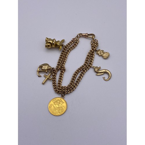 436 - 9CT GOLD FLAT CURB LINK CHARM BRACELET WITH SWIVEL FASTENER INCLUDING A GEORGE V 1913 HALF SOVEREIGN... 