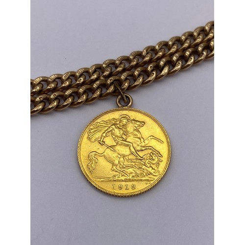 436 - 9CT GOLD FLAT CURB LINK CHARM BRACELET WITH SWIVEL FASTENER INCLUDING A GEORGE V 1913 HALF SOVEREIGN... 