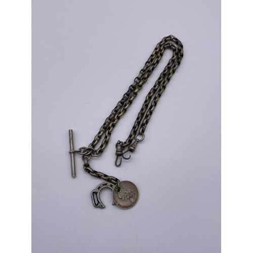 742 - WHITE METAL BELCHER LINK CHAIN WITH T BAR, ENAMEL COIN AND LUCKY HORSE SHOE FOB 35G APPROX