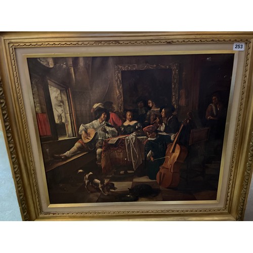 253 - TEXTURED PRINTED CANVAS OF A 17TH CENTURY INTERIOR SCENE IN GILT FRAME